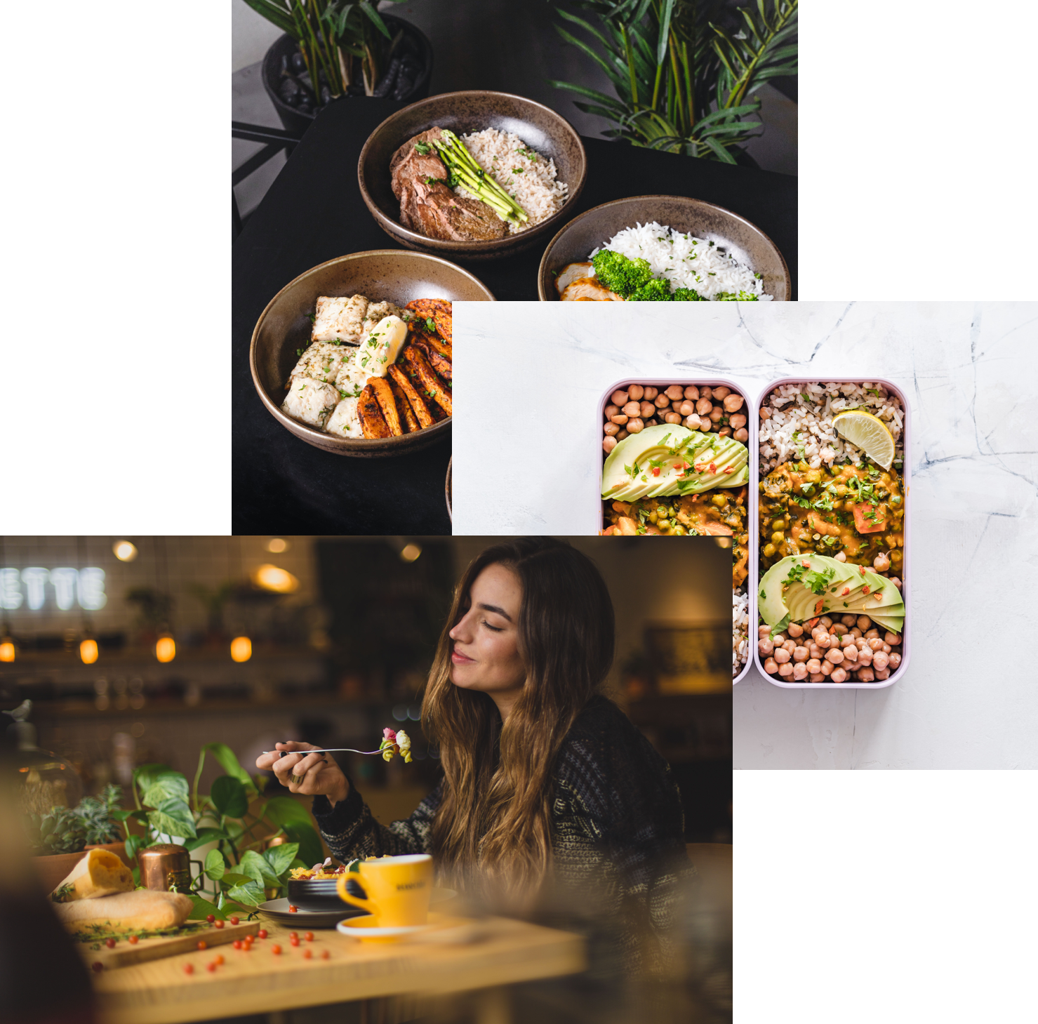 Woman enjoying food, meals in storage containers and food bowls on a table